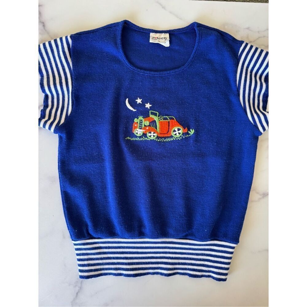 Aileen 70’s royal blue short sleeve adult XS / kids M sweater blouse embroidered